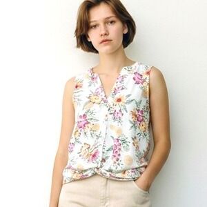 Pink Rose Vintage Blouse Womens Small White Floral Citrus Excellent‎ Twist Front